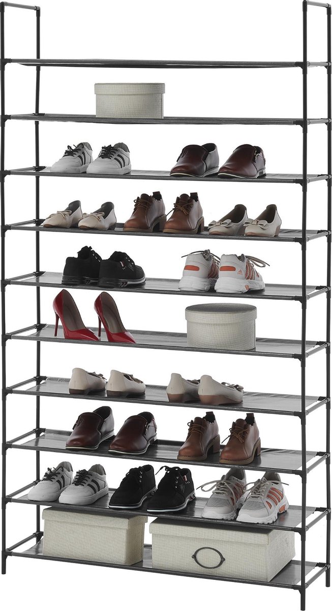 ACAZA Groot Schoenenrek, Rek voor 60 Paar Schoenen, 10 Schappen, 175cm Hoog, Zwart