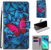 Voor Motorola Moto G8 Gekleurde Tekening Cross Textuur Horizontale Flip PU Lederen Case met Houder & Kaartsleuven & Portemonnee & Lanyard (Blauw Rood Vlinder)