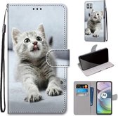 Voor Motorola Moto G 5G Gekleurde Tekening Cross Textuur Horizontale Flip PU Lederen Case met Houder & Kaartsleuven & Portemonnee & Lanyard (Kleine Grijze Kat)