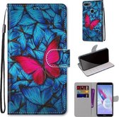 Voor Huawei Honor 9 Lite Gekleurde Tekening Cross Textuur Horizontale Flip PU Lederen Case met Houder & Kaartsleuven & Portemonnee & Lanyard (Blauw Rood Vlinder)