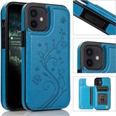 Vlinders Bloemen Dubbele gesp PU + TPU beschermhoes met houder & kaartsleuven en fotolijst voor iPhone 12 mini (blauw)