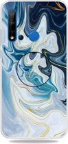 Voor Huawei P20 lite (2019) Reliëf gelakt marmer TPU beschermhoes met houder (gouden lijn blauw)