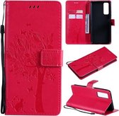 Voor Huawei P Smart 2021 Tree & Cat Pattern Pressed Printing Horizontale Flip PU Leather Case met houder & kaartsleuven & portemonnee & Lanyard (Rose Red)
