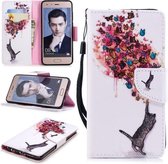 Voor Huawei Honor 9 Gekleurde tekening Patroon Horizontale Flip TPU + PU lederen hoes met houder & kaartsleuven & portemonnee & lanyard (kat en vlinders)