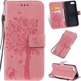 Tree & Cat Pattern Pressed Printing Horizontale Flip PU lederen tas met houder & kaartsleuven & portemonnee & lanyard voor OPPO A1K / C2 (roze)