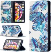 Gekleurde tekening patroon onzichtbare magnetische horizontale flip PU lederen tas met houder & kaartsleuven & portemonnee voor iPhone XR (blauwe bladeren)