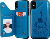 Voor iPhone XS / X Skull Head Embossing Pattern Schokbestendige beschermhoes met houder & kaartsleuven & portemonnee (blauw)