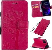 Tree & Cat Pattern Pressed Printing Horizontale Flip PU lederen tas met houder & kaartsleuven & portemonnee & lanyard voor iPhone 11 (Rose Red)