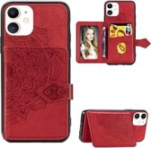 Voor iPhone 11 Mandala in reliëf gemaakte stoffen kaarthoes Mobiele telefoonhoes met magnetische en beugelfunctie met kaarttas / portemonnee / fotolijstfunctie met draagriem (rood)
