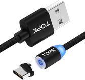 TOPK 2m 2.1A-uitgang USB naar USB-C / Type-C Mesh gevlochten magnetische oplaadkabel met LED-indicator (zwart)