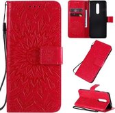 Voor OnePlus 8 Geperst afdrukken Zonnebloempatroon Horizontaal Flip PU-lederen hoes met houder & kaartsleuven & portemonnee & lanyard (rood)