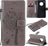 Voor Huawei Y9a Boom & Kat Patroon Geperst Afdrukken Horizontale Flip PU Lederen Case met Houder & Kaartsleuven & Portemonnee & Lanyard (Grijs)