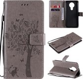Voor Nokia 3.4 Tree & Cat Pattern Pressed Printing Horizontale Flip PU lederen tas met houder & kaartsleuven & portemonnee & lanyard (grijs)