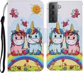 Voor Samsung Galaxy S21 5G Gekleurde Tekening Patroon Horizontale Flip PU Lederen Case met Houder & Kaartsleuven & Portemonnee & Lanyard (Paar Eenhoorn)