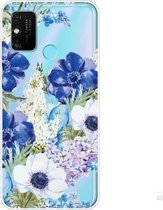 Voor Huawei Honor 9A schokbestendig geschilderd TPU beschermhoes (blauw wit roos)