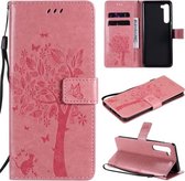 Voor Motorola Edge Tree & Cat Pattern Pressed Printing Horizontale Flip PU lederen tas met houder & kaartsleuven & portemonnee & lanyard (roze)