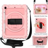 Voor iPad 9.7 (2018) en (2017) 360 graden rotatie pc + siliconen schokbestendige combinatiebehuizing met houder en handgreepriem en nekriem (roségoud)
