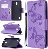 Voor Nokia 1.3 Two Butterflies Embossing Pattern Horizontale Flip Leather Case met houder & kaartsleuf & portemonnee & lanyard (paars)