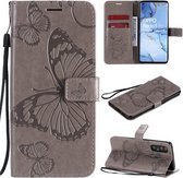 Voor OPPO Reno 3 Pro 5G / Find X2 Neo 3D vlinders reliëfpatroon horizontaal flip lederen tas met houder & kaartsleuf & portemonnee & lanyard (grijs)