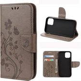 Voor iPhone 12 mini Butterfly Flower Pattern Horizontale Flip Leather Case met houder & kaartsleuven & portemonnee (grijs)