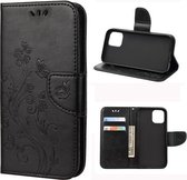 Voor iPhone 12 mini vlinderbloempatroon horizontale flip lederen tas met houder & kaartsleuven en portemonnee (zwart)