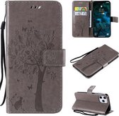 Voor iPhone 12 Pro Max Boom & Kat Reliëfpatroon Horizontale Flip Leren Case met Houder & Kaartsleuven & Portemonnee & Lanyard (Grijs)