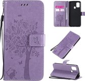 Voor Galaxy M31 Tree & Cat Pattern Pressed Printing Horizontale Flip PU lederen tas met houder & kaartsleuven & portemonnee & lanyard (lichtpaars)