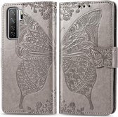 Voor Huawei Nova 7 SE / P40 Lite 5G Vlinder Liefde Bloem Reliëf Horizontale Flip Leren Case met Beugel / Kaartsleuf / Portemonnee / Lanyard (Grijs)