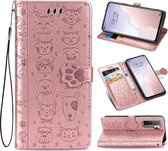 Voor Huawei Nova 7SE / P40 Lite 5G Leuke Kat en Hond Reliëf Horizontale Flip Leren Case met Beugel / Kaartsleuf / Portemonnee / Lanyard (Rose Goud)