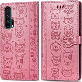 Voor Huawei Honor 20 Pro Leuke Kat en Hond Reliëf Horizontale Flip PU Leren Case met Houder / Kaartsleuf / Portemonnee / Lanyard (Roze)