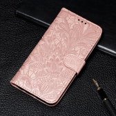 Voor Moto G8 Power Lace Flower Embossing Pattern Horizontale Flip Leather Case met houder & kaartsleuven & portemonnee & fotolijst & Lanyard (Rose Gold)
