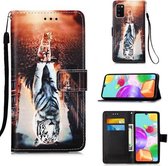 Voor Galaxy A41 Schilderen Horizontale Flip Leren Case met Houder & Kaartsleuf & Portemonnee & Lanyard (Kat en Tijger)