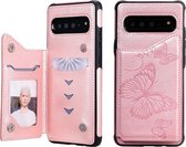 Voor Galaxy S10 5G vlinder reliëfpatroon schokbestendig beschermhoes met houder & kaartsleuven en fotolijst (rose goud)