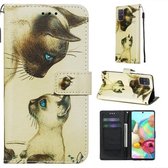 Voor Galaxy A71 Gekleurde tekening patroon Plain Weave horizontale Flip lederen tas met houder & kaartsleuf & portemonnee & lanyard (kat kijken)