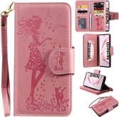 Voor Galaxy Note 10 vrouw en kat reliëf horizontale flip lederen tas, met portemonnee & houder & kaartsleuven & fotolijst & spiegel & lanyard (roze)