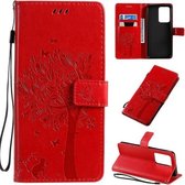 Voor Galaxy S20 Ultra Tree & Cat Pattern Pressed Printing Horizontale Flip PU lederen tas met houder & kaartsleuven & portemonnee & lanyard (rood)
