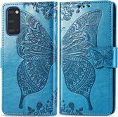 Voor Galaxy S20 Butterfly Love Flower reliëf horizontale flip lederen tas met beugel / kaartsleuf / portemonnee / lanyard (blauw)