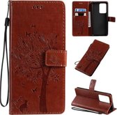 Voor Galaxy S20 Ultra Boom & Kat Patroon Geperst Afdrukken Horizontale Flip PU Lederen Case met Houder & Kaartsleuven & Portemonnee & Lanyard (Koffie)