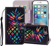 Gekleurd ananaspatroon Gekleurde tekening Horizontale leren flip-hoes voor iPhone 8 Plus en 7 Plus, met houder en kaartsleuven en portemonnee en draagkoord