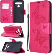 Voor LG K61 Two Butterflies Embossing Pattern Horizontale Flip Leather Case met houder & kaartsleuf & portemonnee & Lanyard (Rose Red)