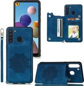 Voor Samsung Galaxy A21 Mandala reliëf PU + TPU hoesje met houder & kaartsleuven & fotolijst & riem (blauw)