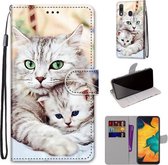 Voor Samsung Galaxy A30 & A20 Gekleurde tekening Cross Texture Horizontale Flip PU lederen tas met houder & kaartsleuven & portemonnee & lanyard (Big Cat Hugging Kitten)