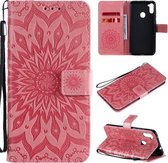 Voor Samsung Galaxy A11 (Amerikaanse versie) Geperst afdrukken Zonnebloempatroon Horizontale flip PU lederen tas met houder & kaartsleuven & portemonnee & lanyard (roze)