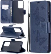 Voor Samsung Galaxy S21 Ultra 5G Embossing Two Butterflies Pattern Horizontale Flip PU Leather Case met houder & kaartsleuf & portemonnee & lanyard (blauw)