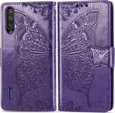 Butterfly Love Flowers Embossing Horizontale Flip Leather Case voor Xiaomi CC9 met houder & kaartsleuven & portemonnee & lanyard (donkerpaars)