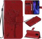 Voor Xiaomi Redmi 10X 5G / 10X Pro 5G Boom & Kat Reliëfpatroon Horizontale Flip Leren Case met Houder & Kaartsleuven & Portemonnee & Lanyard (Rood)