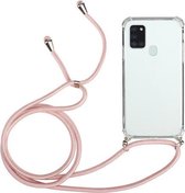 Voor Samsung Galaxy A21s Four-Corner Anti-Fall transparante TPU beschermhoes met lanyard (roze)