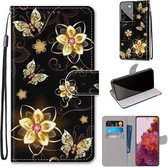 Voor Samsung Galaxy S21 Ultra 5G Gekleurde tekening Cross Texture Horizontale Flip PU lederen tas met houder & kaartsleuven & portemonnee & lanyard (Gold Diamond Butterfly)