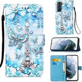 Voor Samsung Galaxy S21 + 5G Gekleurd tekeningpatroon Vlak geweven horizontaal Flip lederen hoesje met houder & kaartsleuf & portemonnee & lanyard (torenvlinder)