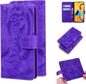 Voor Samsung Galaxy M30s / M21 Tiger Embossing Pattern Horizontale Flip lederen tas met houder & kaartsleuven & portemonnee (paars)